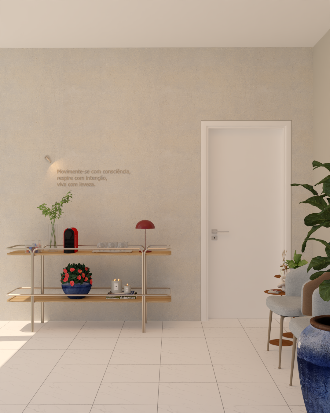 Hall de entrada com estética contemporânea e atmosfera leve